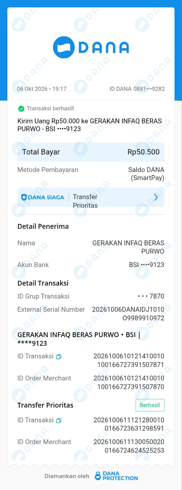 Bukti transfer donasi Donatur (anonim)