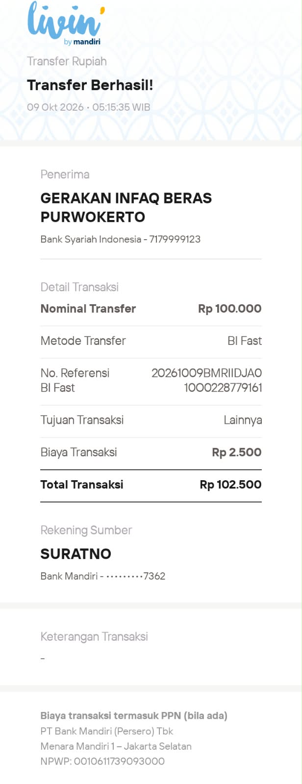 Bukti transfer donasi Donatur (anonim)